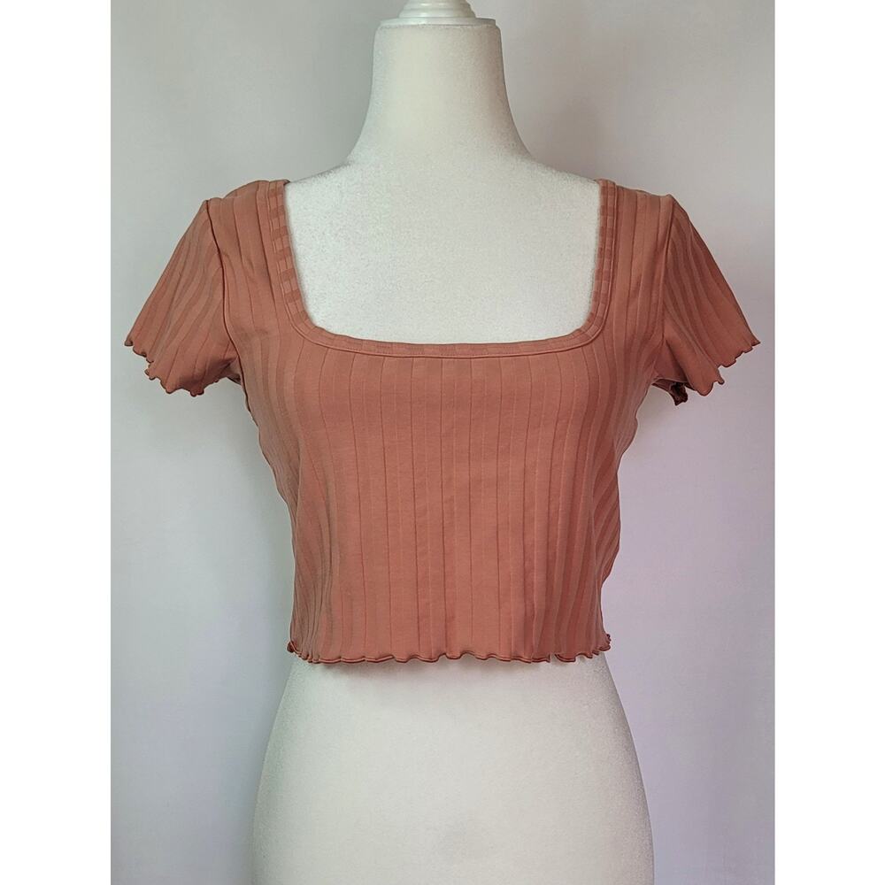 Offline by Aerie Terra Cotta Ribbed Crop Top Size L Square Neckline Lettuce Edge